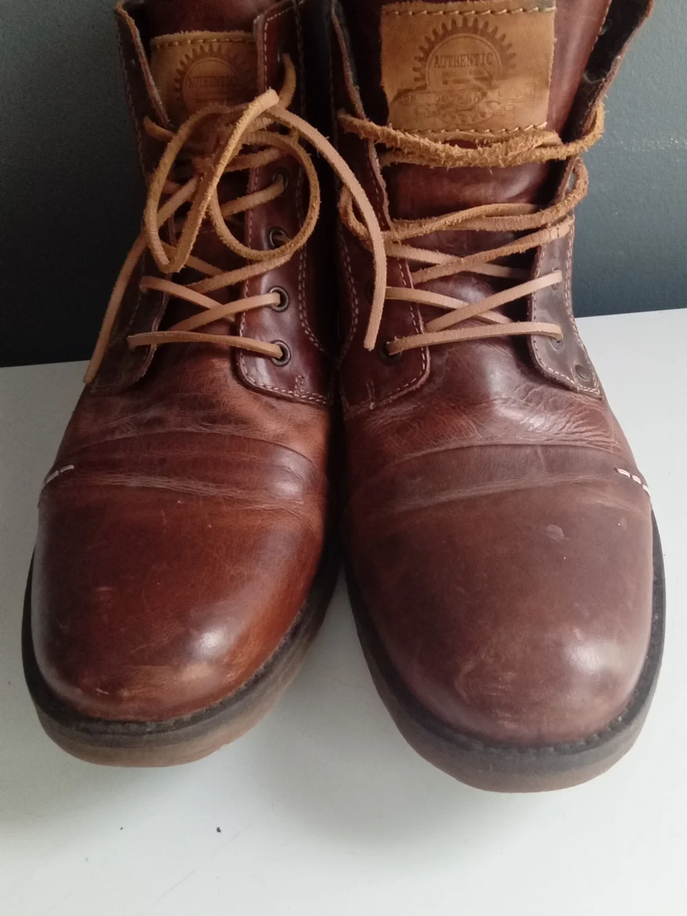 Authentic Brown Leather Lace Up Cap Toe Boots Mens Size 44‎